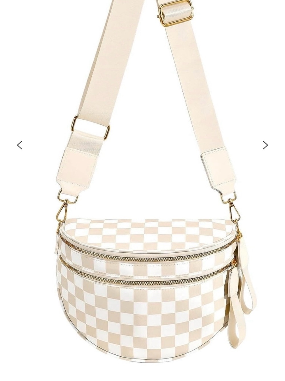 Beige Checkered Crossbody Bag with Wide Strap